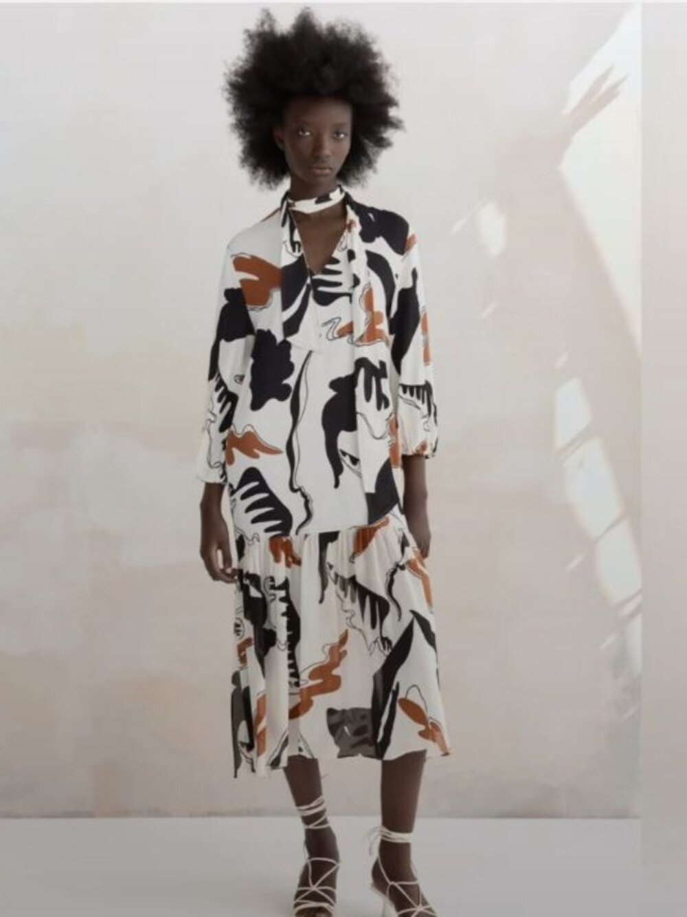 Zara White Asymmetrical Dress with Black & Rust Print